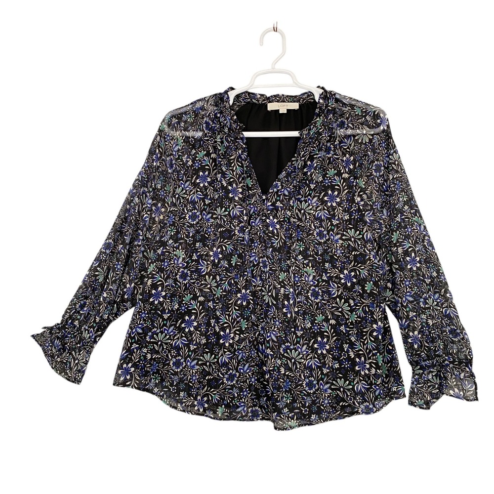 LOFT Floral Blouse Long Sleeve Ruffle Trim‎ Sheer Top Black Blue Size XL